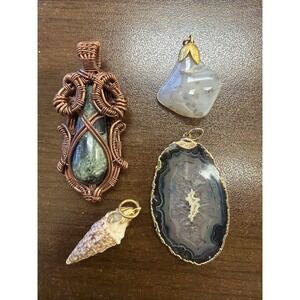 Boho Pendant Lot Agate Slice Wire Wrapped Stone Shell Natural Jewelry 4 Pc